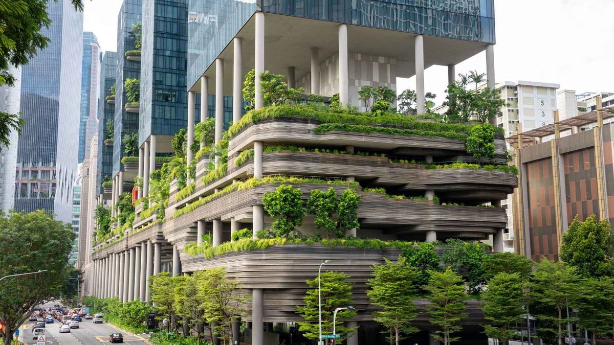 Green terraced building in central Singapore